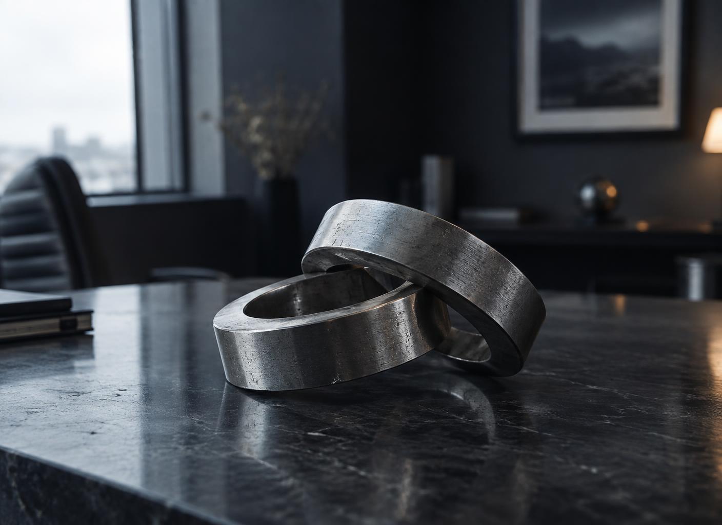 Two interlocking machined steel rings resting on a polished stone desk