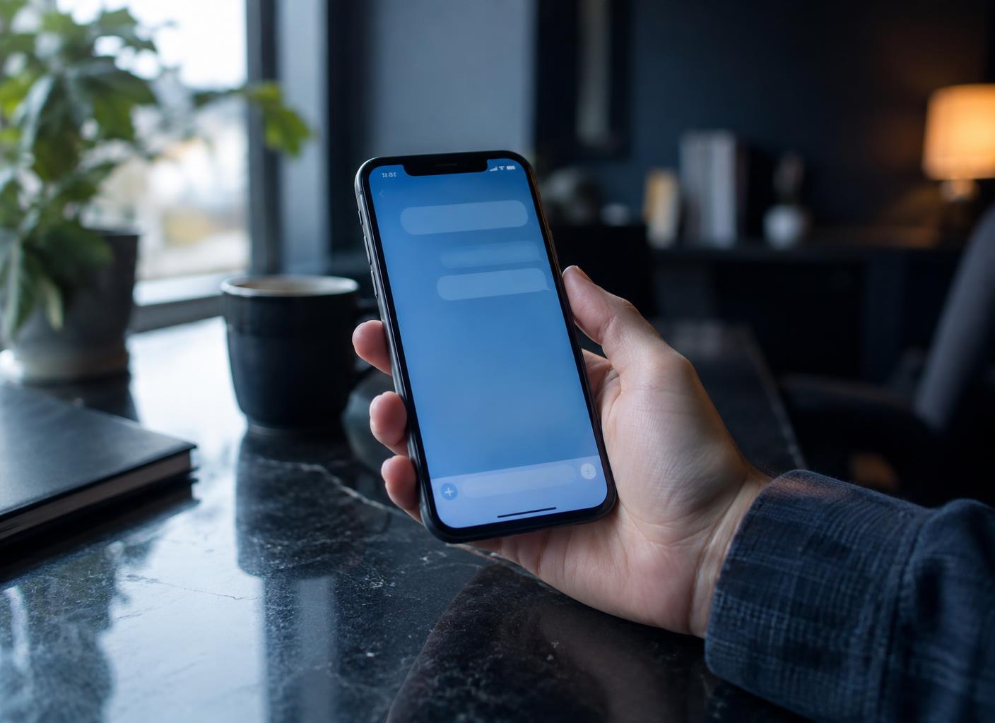 Hand holding a phone with a chat app open over a dark stone desk
