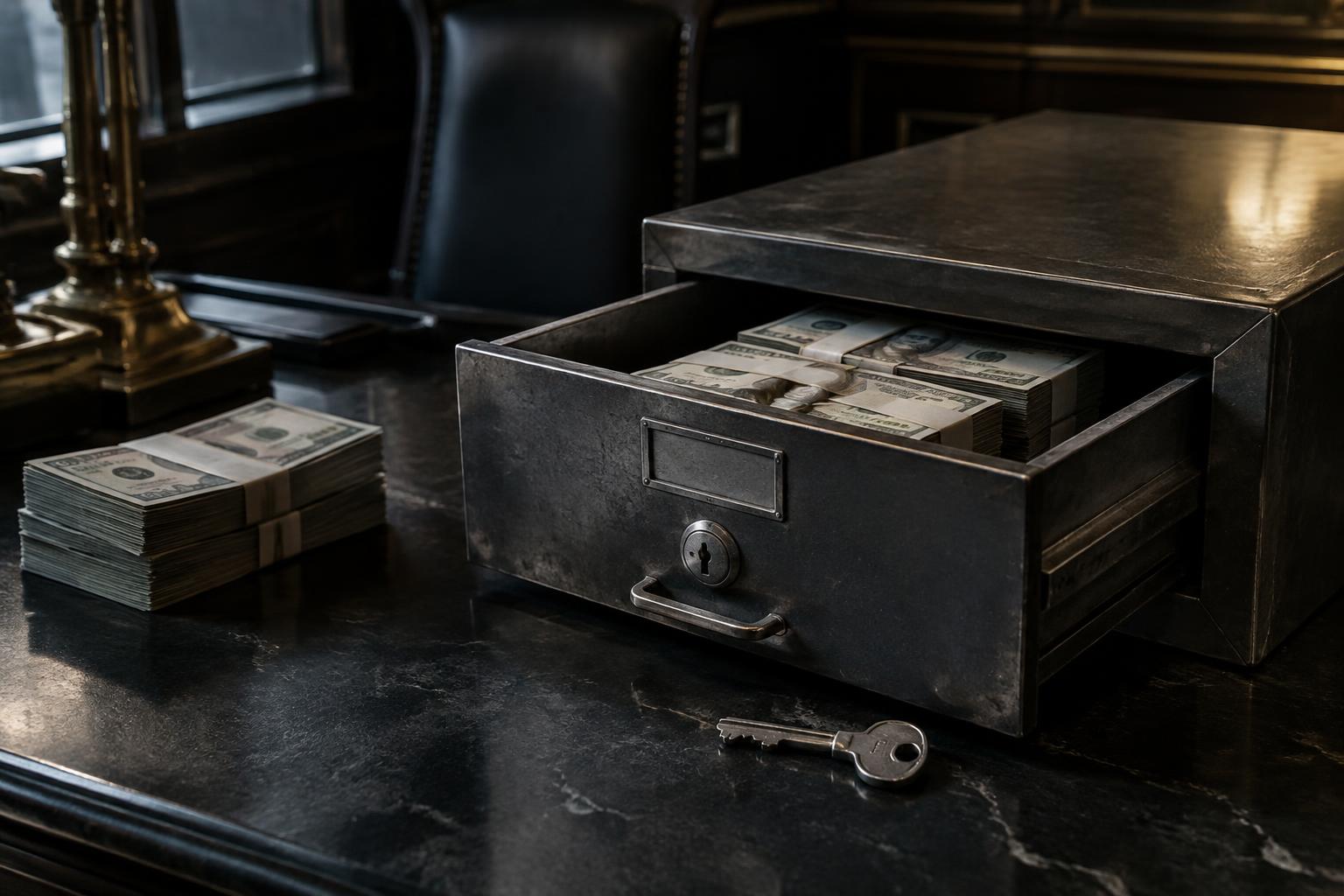 Steel cash drawer open on a dark stone desk with banded notes and a key
