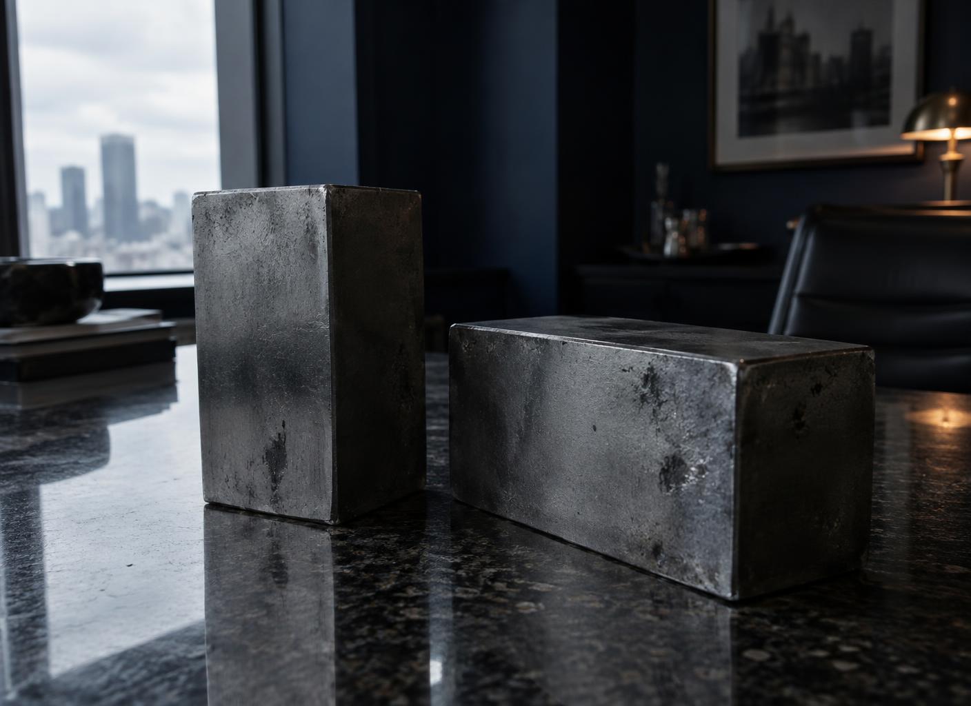 Two heavy steel bars resting on a polished stone dealing room desk